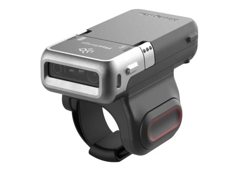Close-up profile view of the Honeywell 8675i rugged ring scanner with a red trigger button