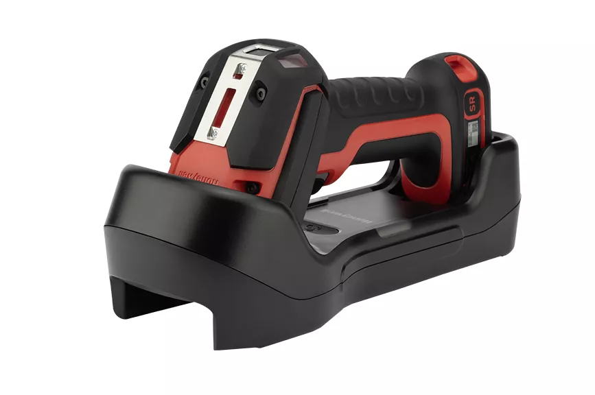 Front right perspective of the Honeywell Granit Ultra 2105i cordless rugged scanner resting inside its black charging cradle base