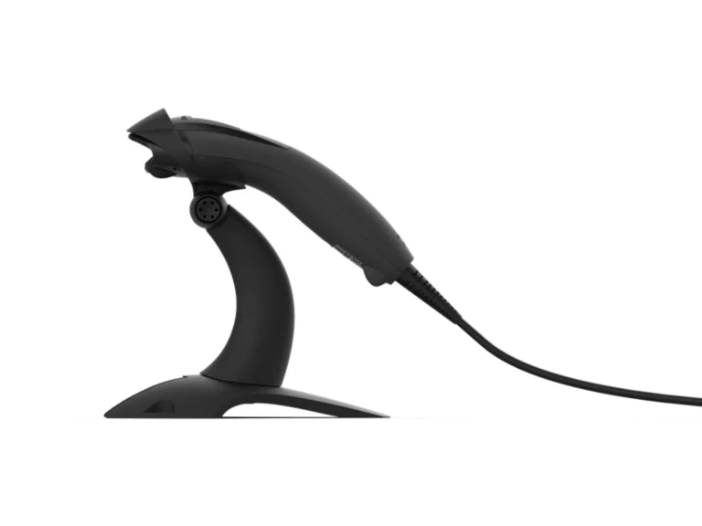Honeywell Voyager XP 1400g 2D corded scanner in black and white with presentation stands