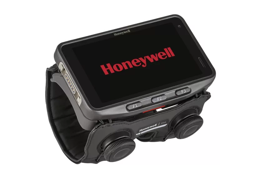 Honeywell CW45 rugged wearable computer mounted on an ergonomic black forearm strap