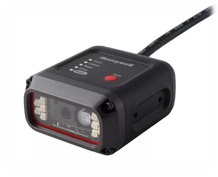 Angled studio shot of a black, rugged Honeywell HF800 fixed-mount industrial barcode reader showing its front scanner window with red borders and top LED indicator panel.